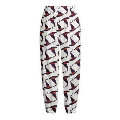 Purple Halloween Witch Hat Pattern Print Fleece Lined Knit Pants