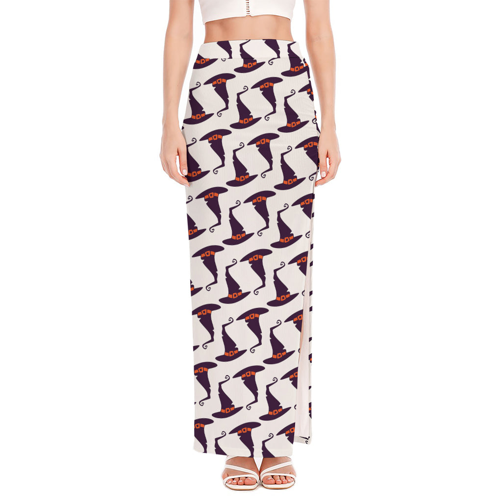 Purple Halloween Witch Hat Pattern Print High Slit Maxi Skirt