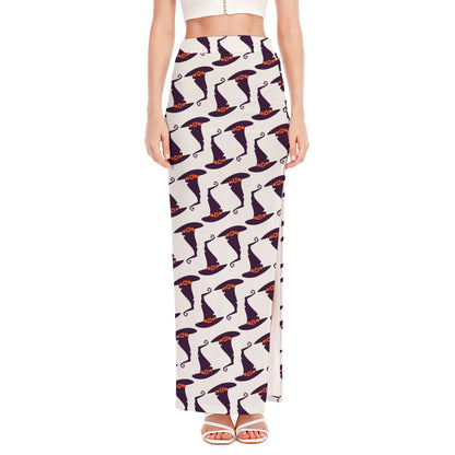 Purple Halloween Witch Hat Pattern Print High Slit Maxi Skirt