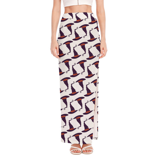 Purple Halloween Witch Hat Pattern Print High Slit Maxi Skirt