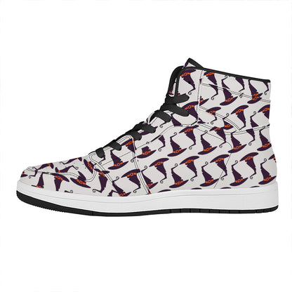 Purple Halloween Witch Hat Pattern Print High Top Leather Sneakers