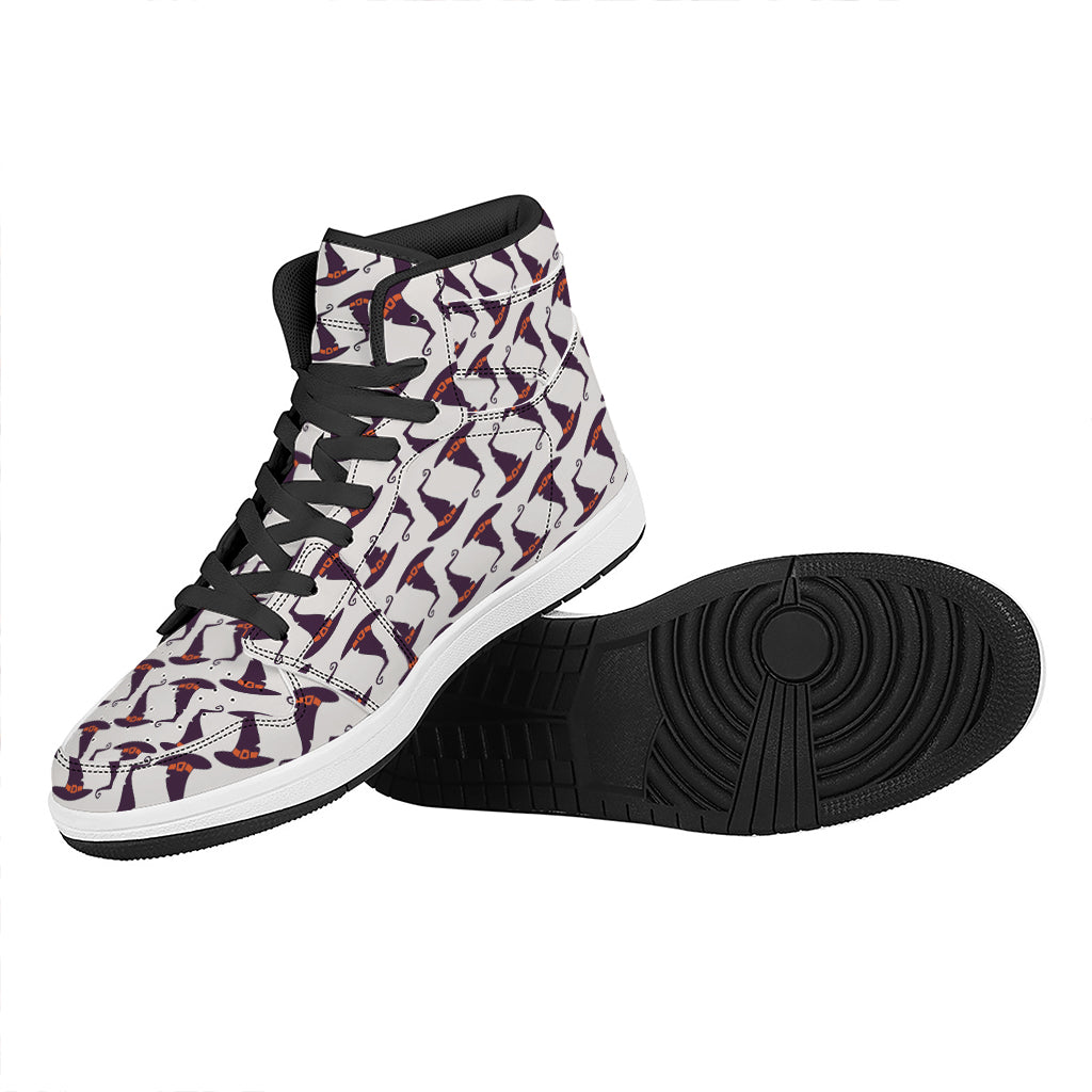 Purple Halloween Witch Hat Pattern Print High Top Leather Sneakers