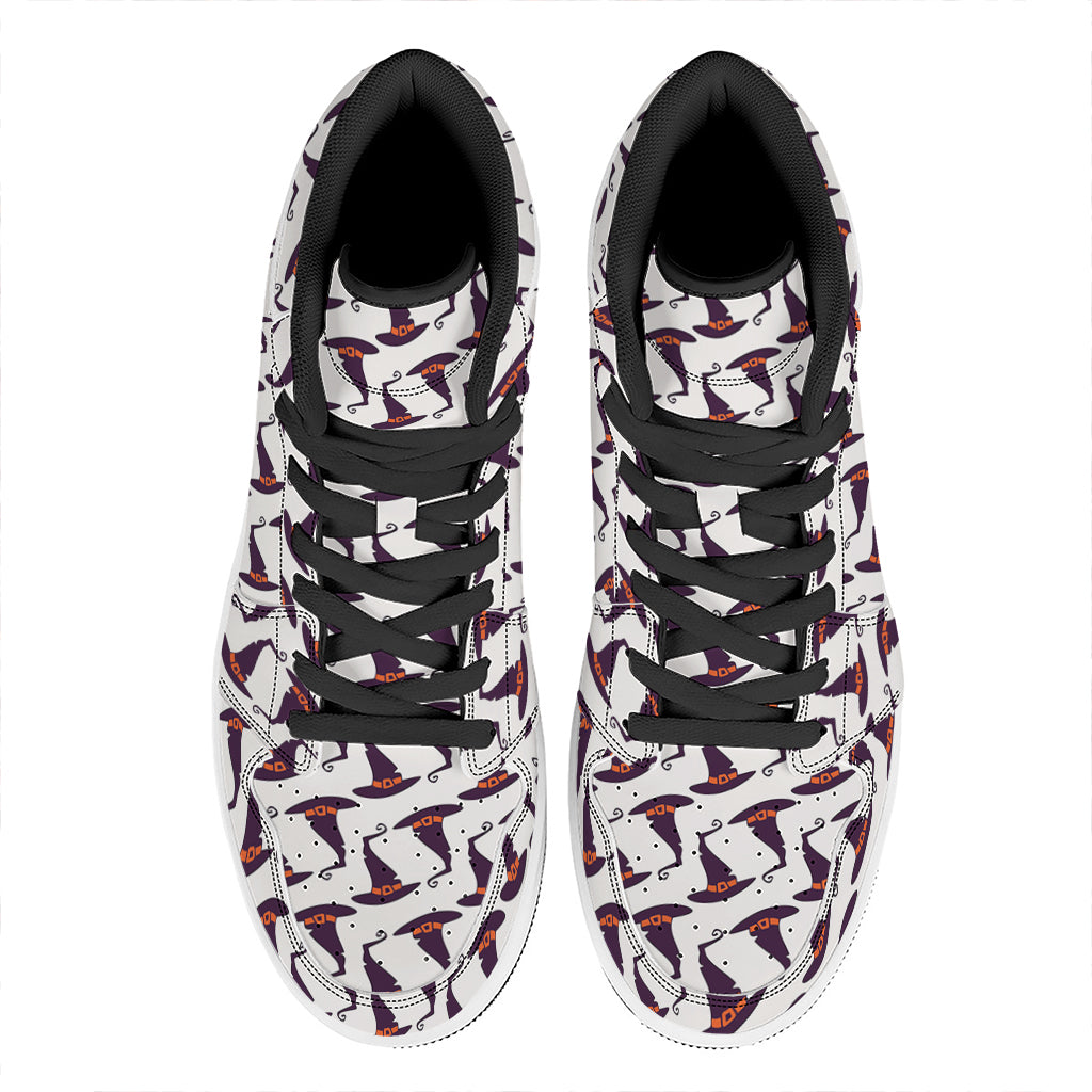 Purple Halloween Witch Hat Pattern Print High Top Leather Sneakers