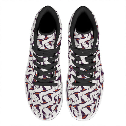 Purple Halloween Witch Hat Pattern Print High Top Leather Sneakers