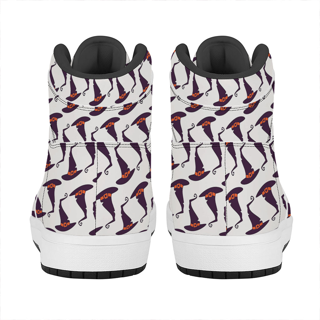 Purple Halloween Witch Hat Pattern Print High Top Leather Sneakers