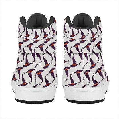 Purple Halloween Witch Hat Pattern Print High Top Leather Sneakers