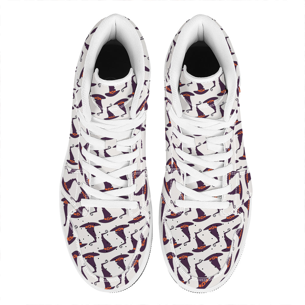Purple Halloween Witch Hat Pattern Print High Top Leather Sneakers