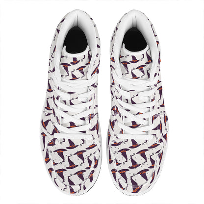 Purple Halloween Witch Hat Pattern Print High Top Leather Sneakers