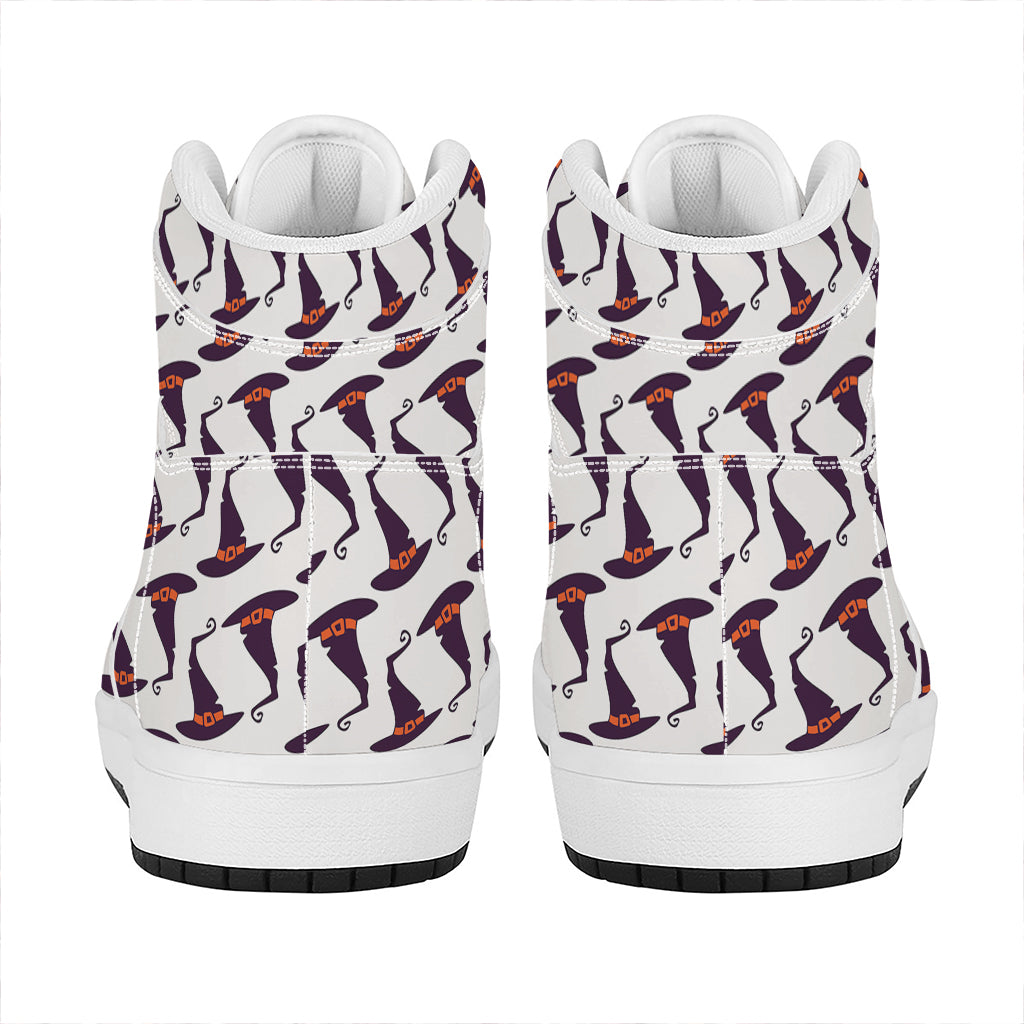 Purple Halloween Witch Hat Pattern Print High Top Leather Sneakers
