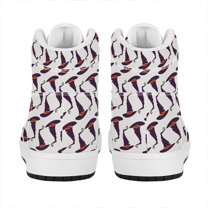 Purple Halloween Witch Hat Pattern Print High Top Leather Sneakers