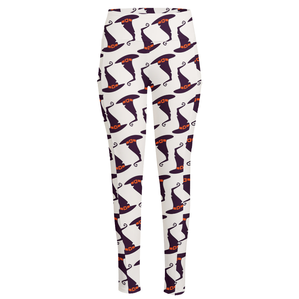 Purple Halloween Witch Hat Pattern Print High-Waisted Pocket Leggings