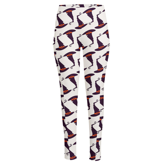 Purple Halloween Witch Hat Pattern Print High-Waisted Pocket Leggings