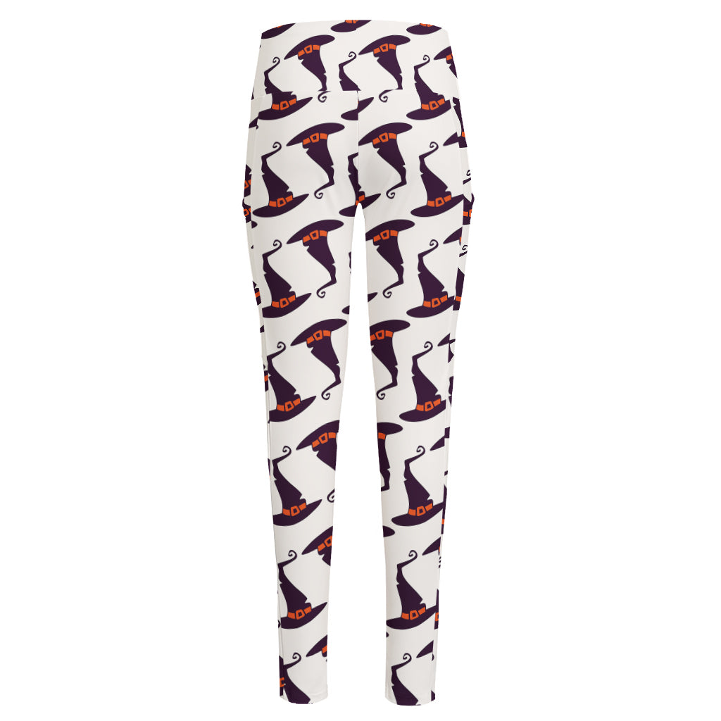 Purple Halloween Witch Hat Pattern Print High-Waisted Pocket Leggings