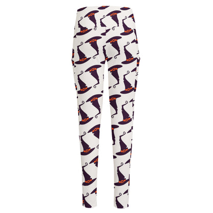 Purple Halloween Witch Hat Pattern Print High-Waisted Pocket Leggings