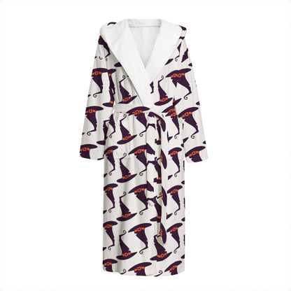 Purple Halloween Witch Hat Pattern Print Hooded Bathrobe