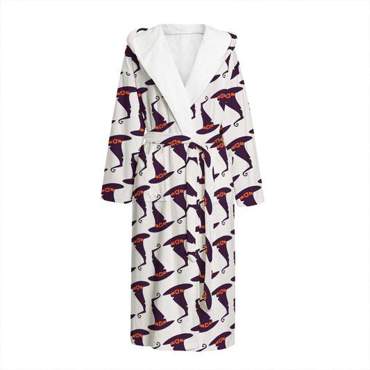 Purple Halloween Witch Hat Pattern Print Hooded Bathrobe