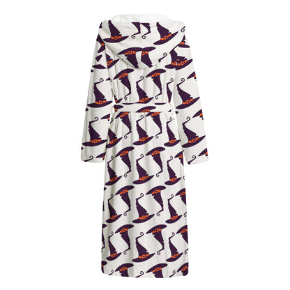 Purple Halloween Witch Hat Pattern Print Hooded Bathrobe