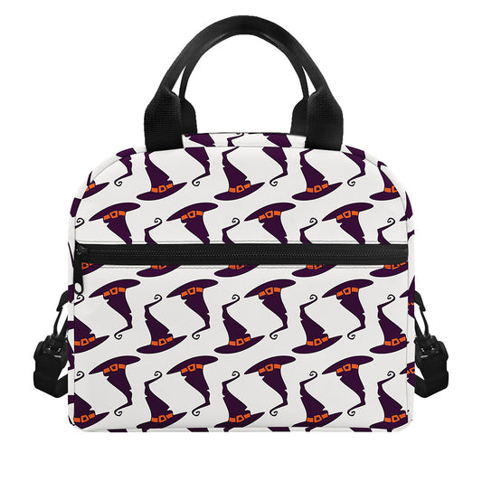Purple Halloween Witch Hat Pattern Print Insulated Lunch Bag