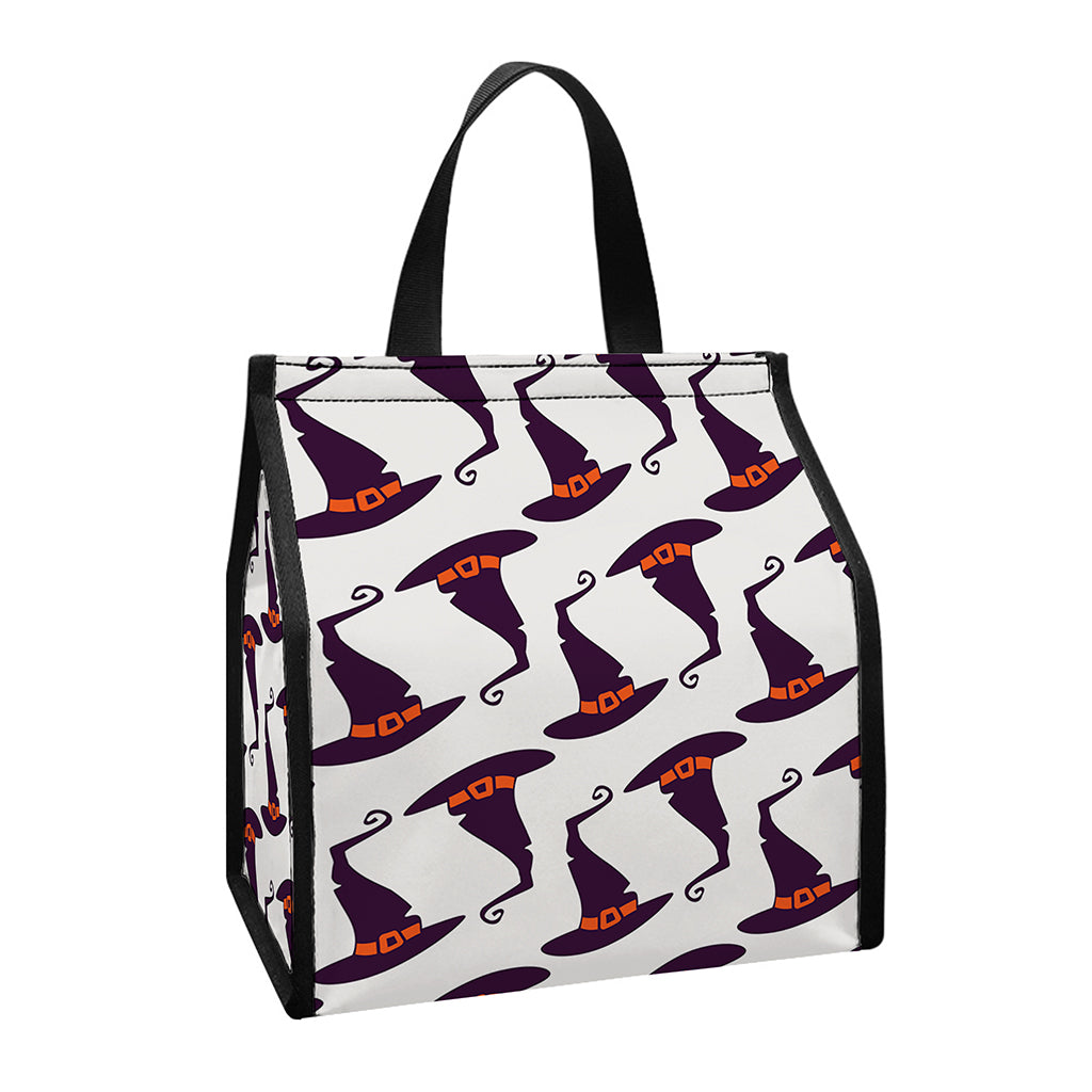 Purple Halloween Witch Hat Pattern Print Insulated Lunch Tote
