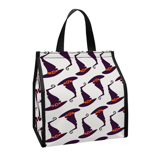 Purple Halloween Witch Hat Pattern Print Insulated Lunch Tote