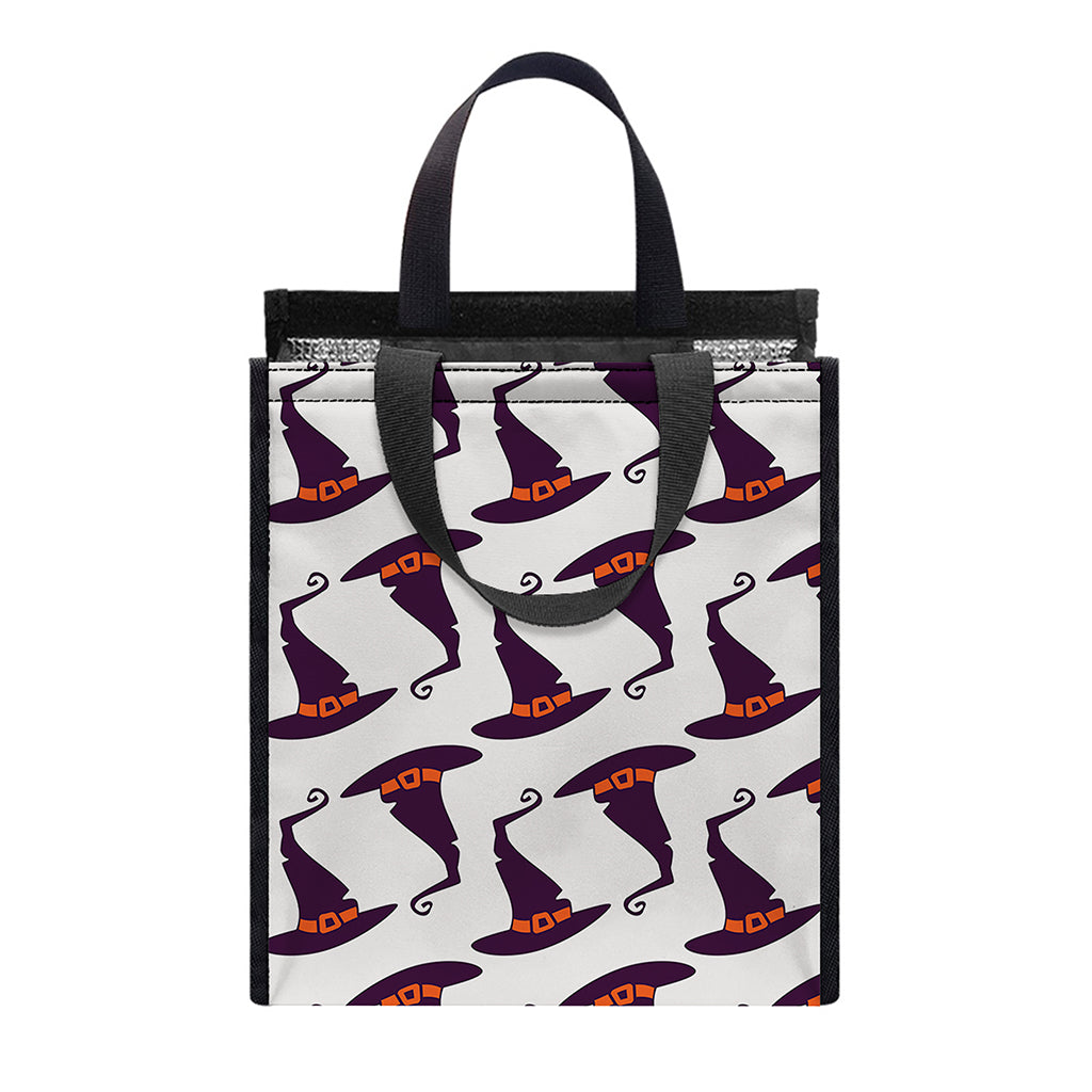 Purple Halloween Witch Hat Pattern Print Insulated Lunch Tote