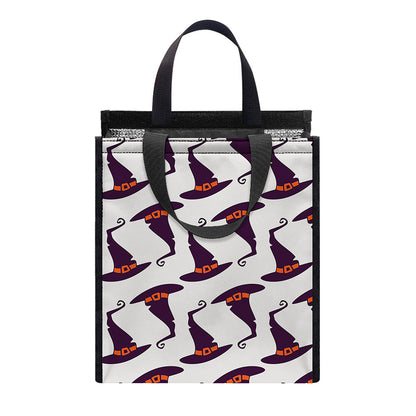 Purple Halloween Witch Hat Pattern Print Insulated Lunch Tote