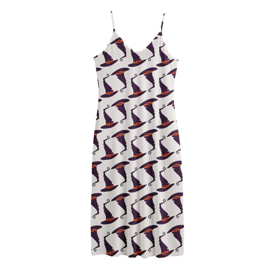 Purple Halloween Witch Hat Pattern Print Jersey Midi Cami Dress