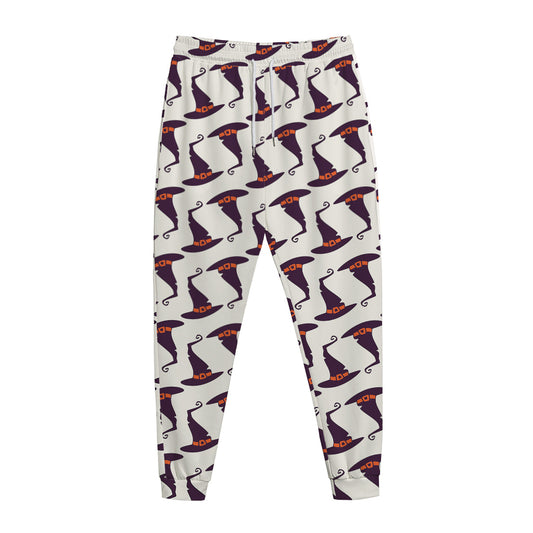 Purple Halloween Witch Hat Pattern Print Jogger Pants