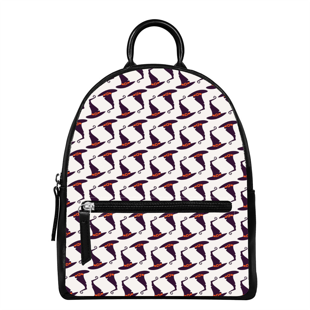Purple Halloween Witch Hat Pattern Print Leather Backpack