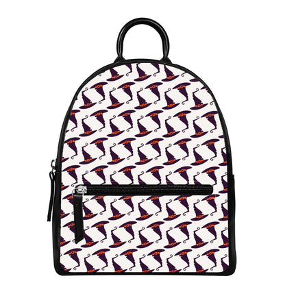 Purple Halloween Witch Hat Pattern Print Leather Backpack