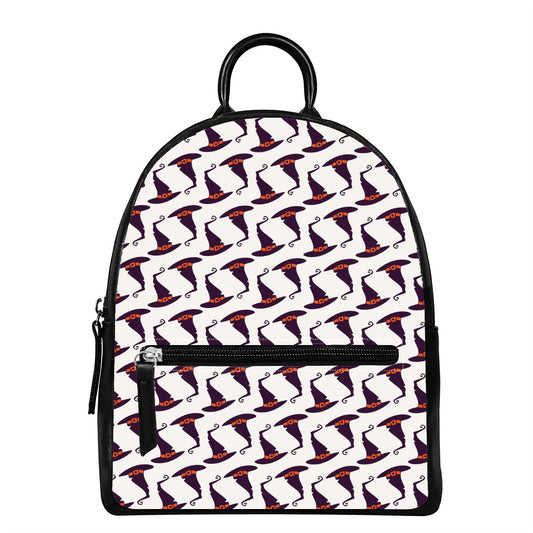 Purple Halloween Witch Hat Pattern Print Leather Backpack