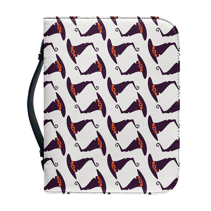 Purple Halloween Witch Hat Pattern Print Leather Bible Cover