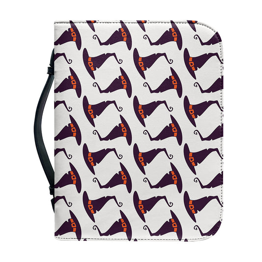 Purple Halloween Witch Hat Pattern Print Leather Bible Cover