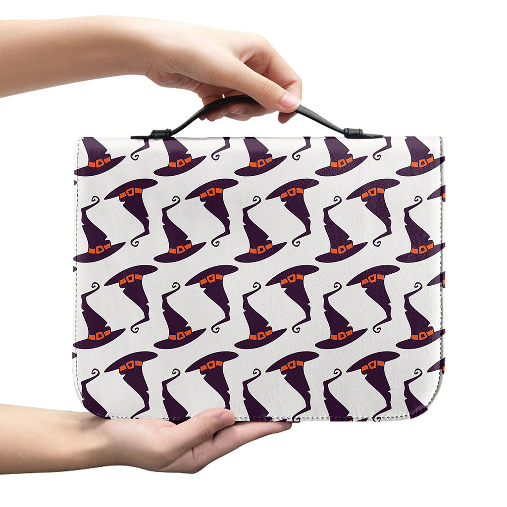 Purple Halloween Witch Hat Pattern Print Leather Bible Cover