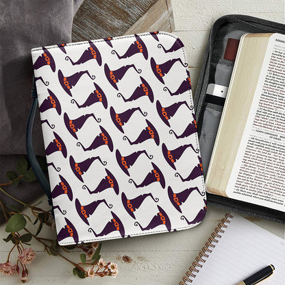 Purple Halloween Witch Hat Pattern Print Leather Bible Cover