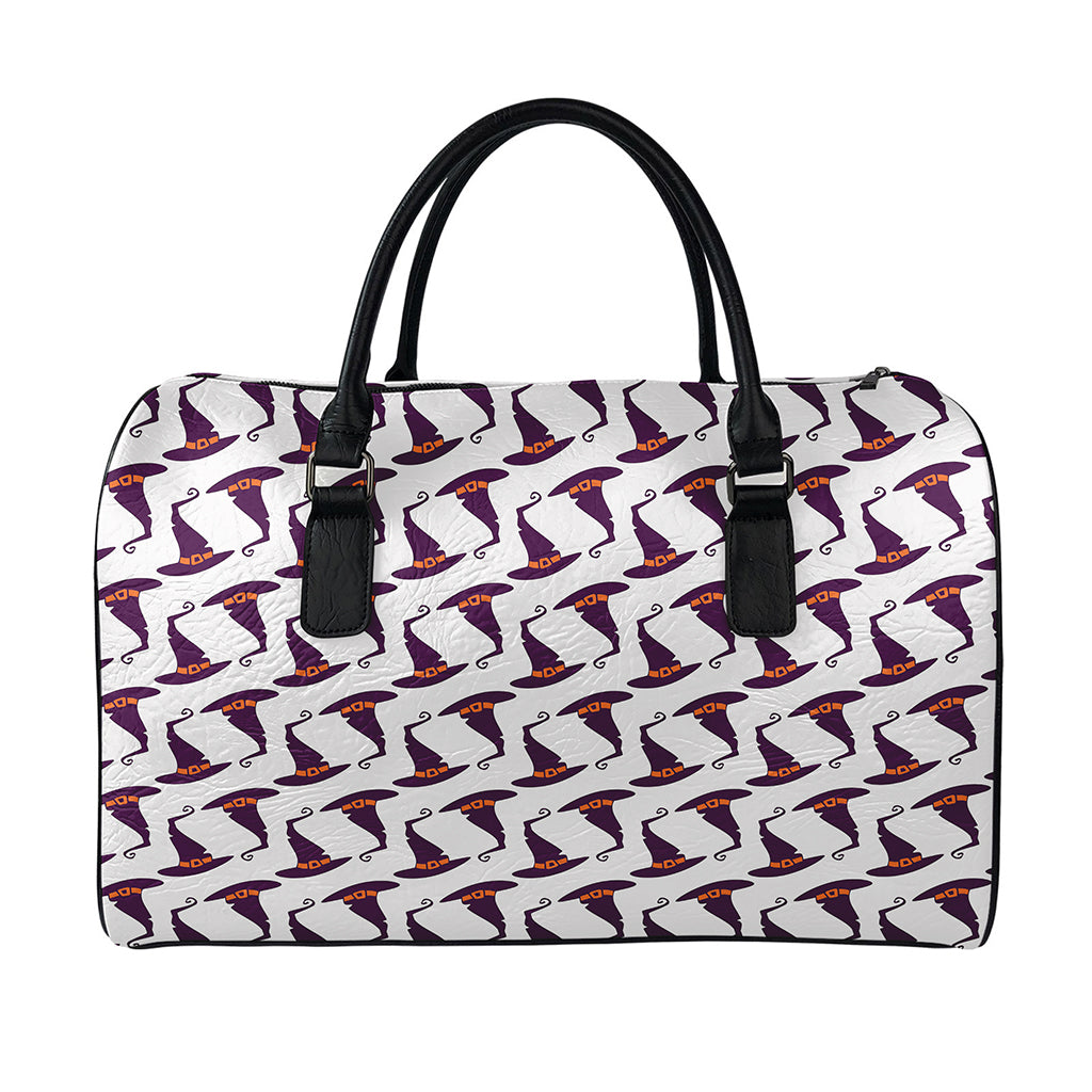 Purple Halloween Witch Hat Pattern Print Leather Duffle Bag