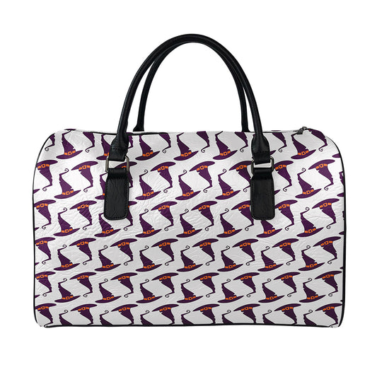 Purple Halloween Witch Hat Pattern Print Leather Duffle Bag