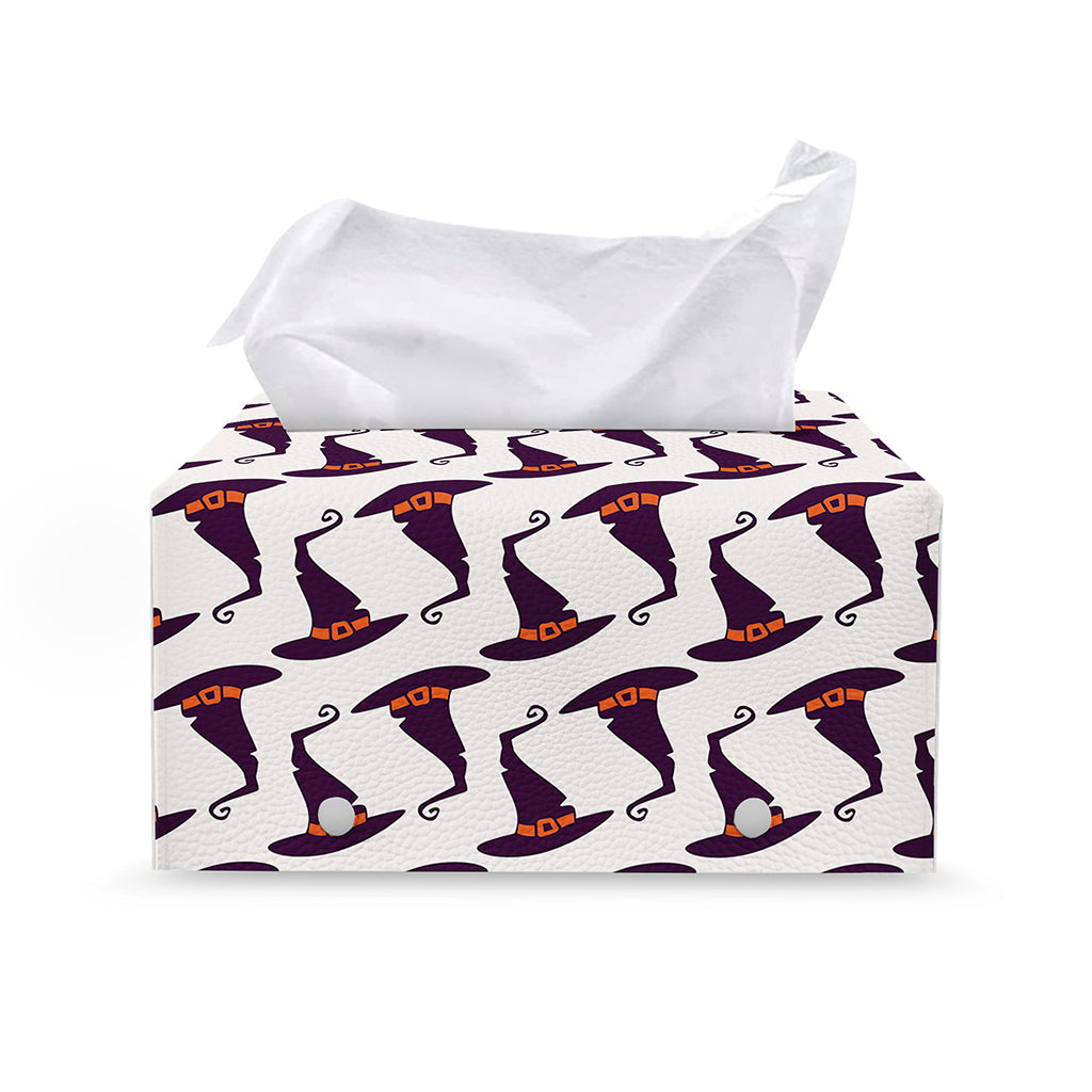 Purple Halloween Witch Hat Pattern Print Leather Tissue Box Cover