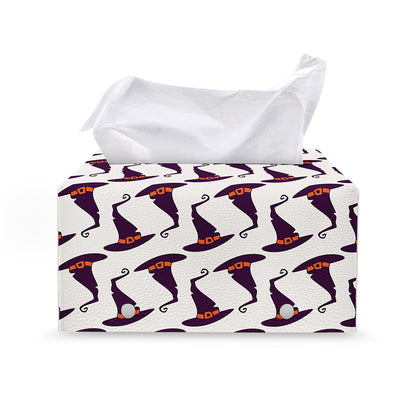 Purple Halloween Witch Hat Pattern Print Leather Tissue Box Cover