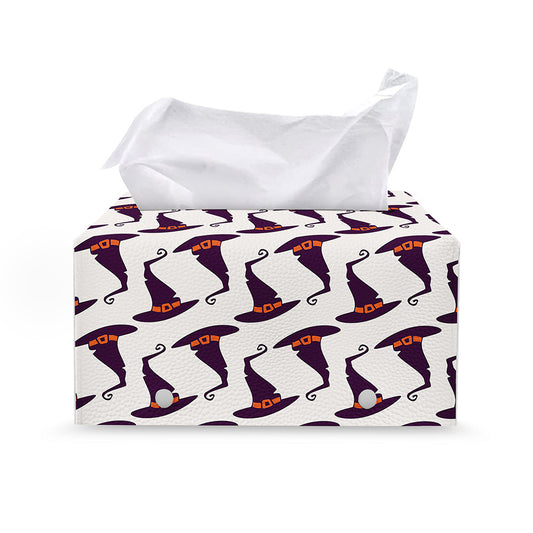 Purple Halloween Witch Hat Pattern Print Leather Tissue Box Cover