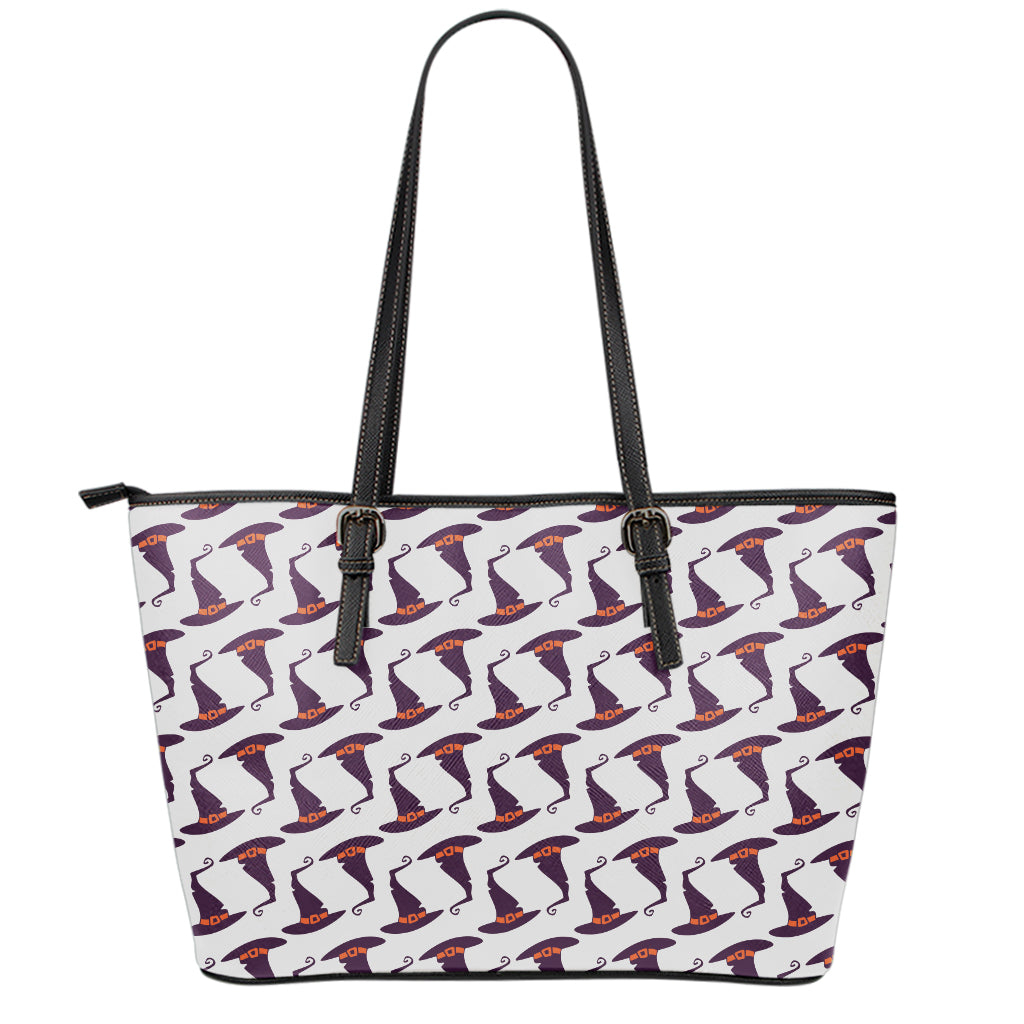 Purple Halloween Witch Hat Pattern Print Leather Tote Bag