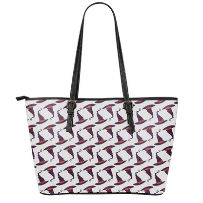 Purple Halloween Witch Hat Pattern Print Leather Tote Bag