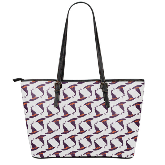 Purple Halloween Witch Hat Pattern Print Leather Tote Bag
