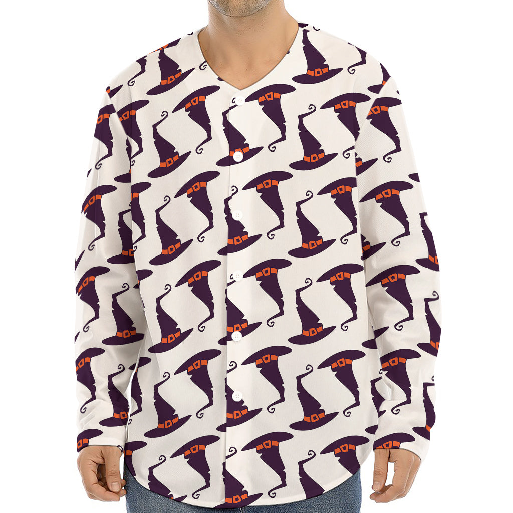 Purple Halloween Witch Hat Pattern Print Long Sleeve Baseball Jersey