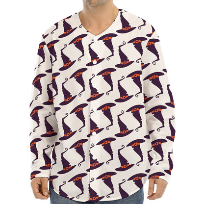Purple Halloween Witch Hat Pattern Print Long Sleeve Baseball Jersey