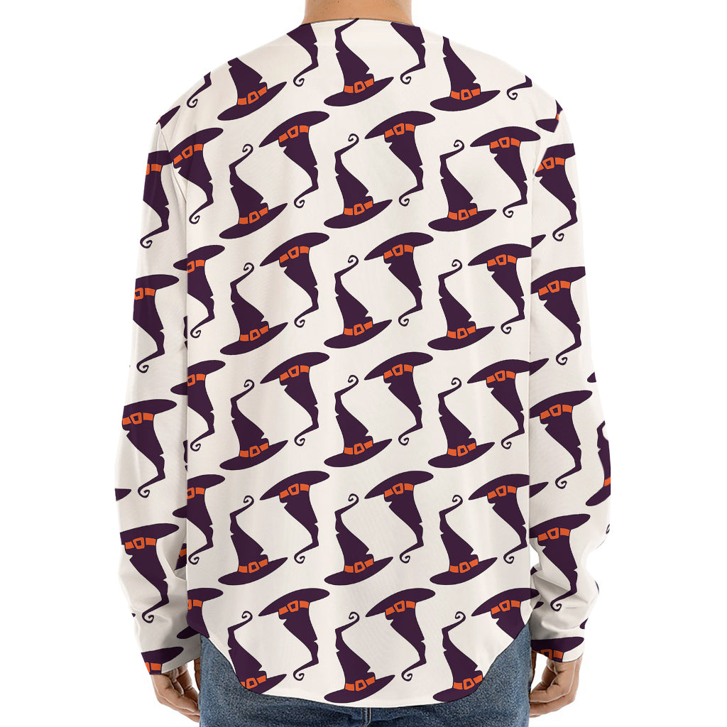 Purple Halloween Witch Hat Pattern Print Long Sleeve Baseball Jersey