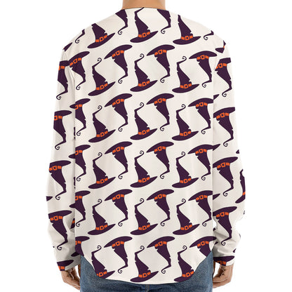 Purple Halloween Witch Hat Pattern Print Long Sleeve Baseball Jersey