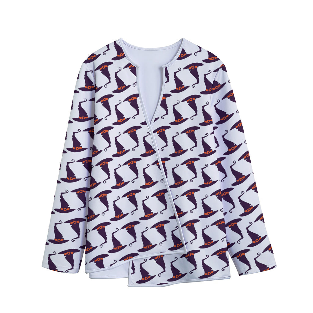 Purple Halloween Witch Hat Pattern Print Long Sleeve Short Coat