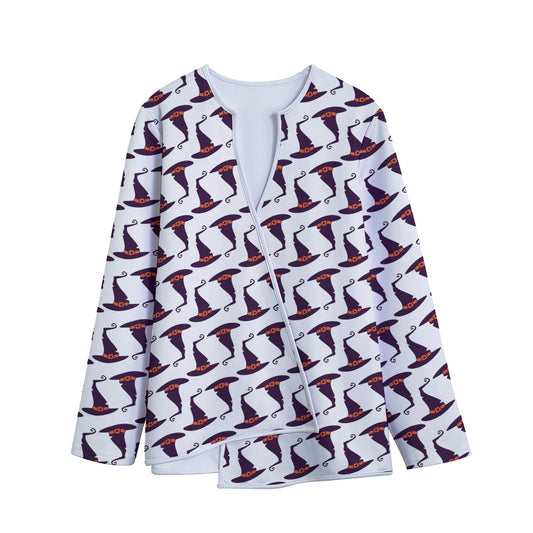 Purple Halloween Witch Hat Pattern Print Long Sleeve Short Coat