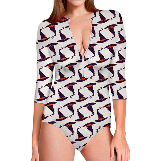 Purple Halloween Witch Hat Pattern Print Long Sleeve Swimsuit